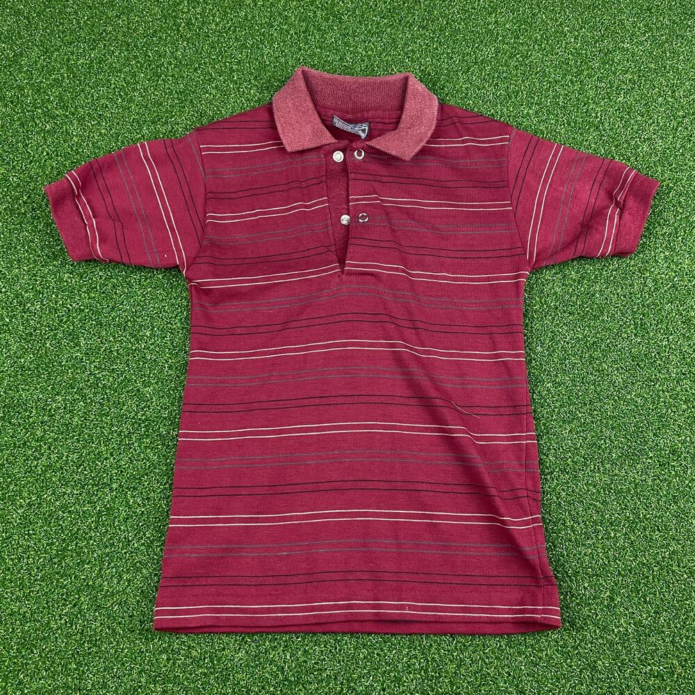 Vintage 1980s Le Tigre Boys Maroon Striped Short Sleeve Snap Polo Shirt Sz 8